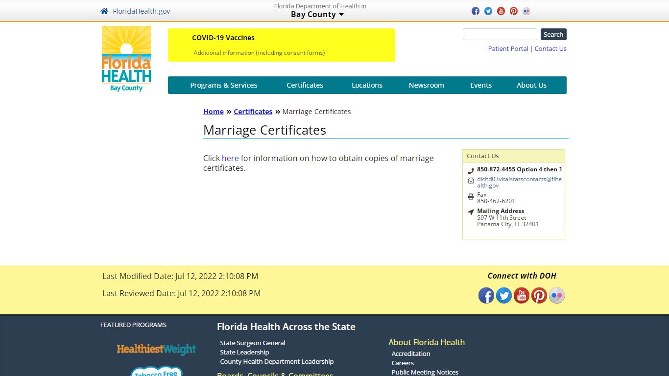 Marriage Certificates | Florida Department of Health in Bay